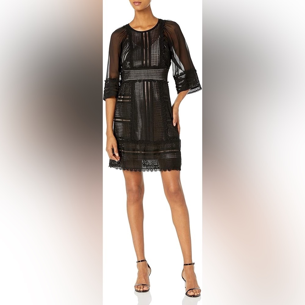 Tracy Reese Black Lace Semi-Sheer Sleeve Mini Dress Silk Party Cocktail Evening